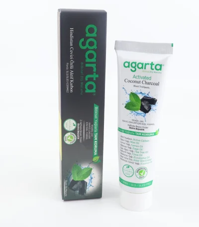 Agarta Activated Coconut Charcoal diş macunu kutu ve tüp ambalaj