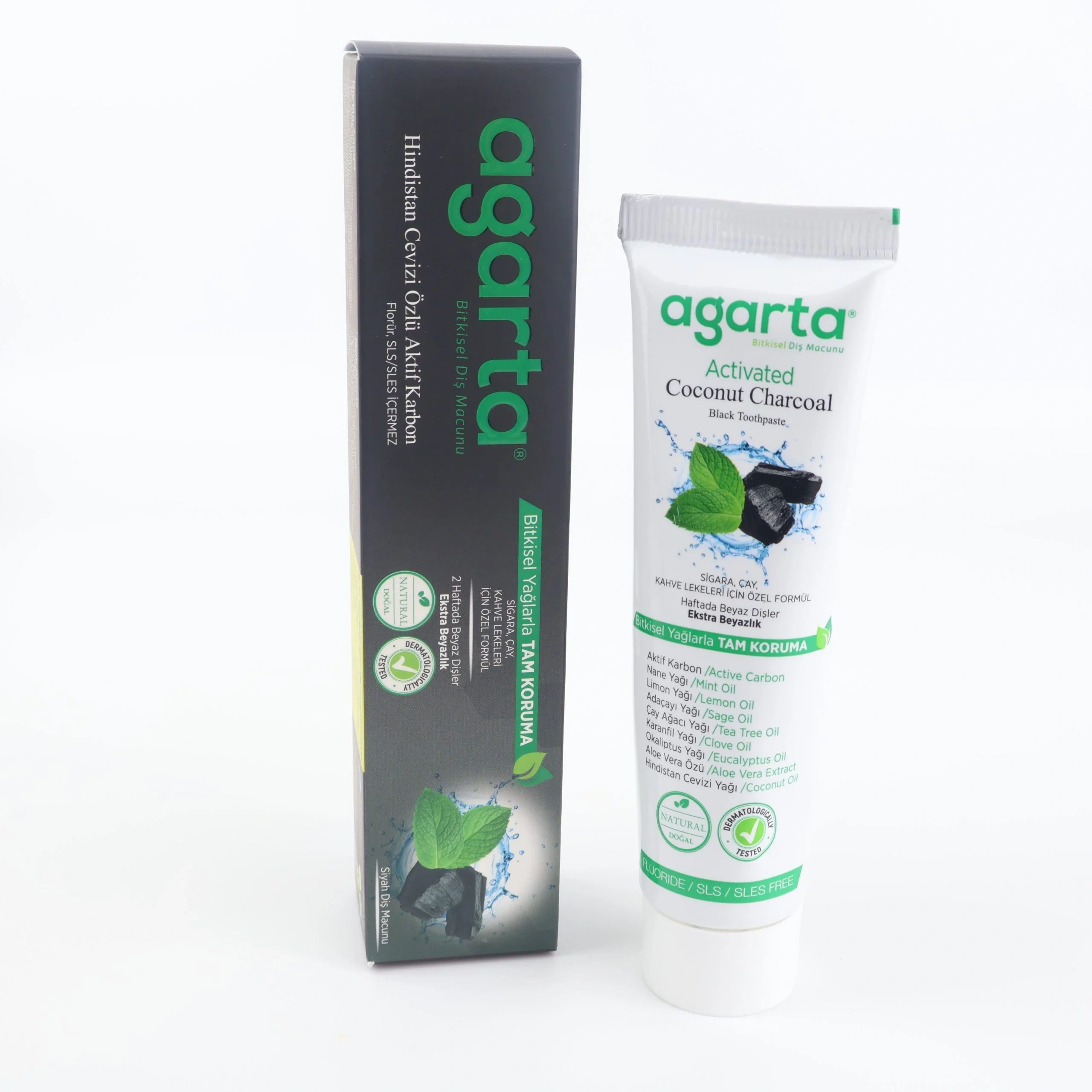 Agarta Activated Coconut Charcoal Diş Macunu Agarta Activated Coconut Charcoal diş macunu kutu ve tüp ambalaj