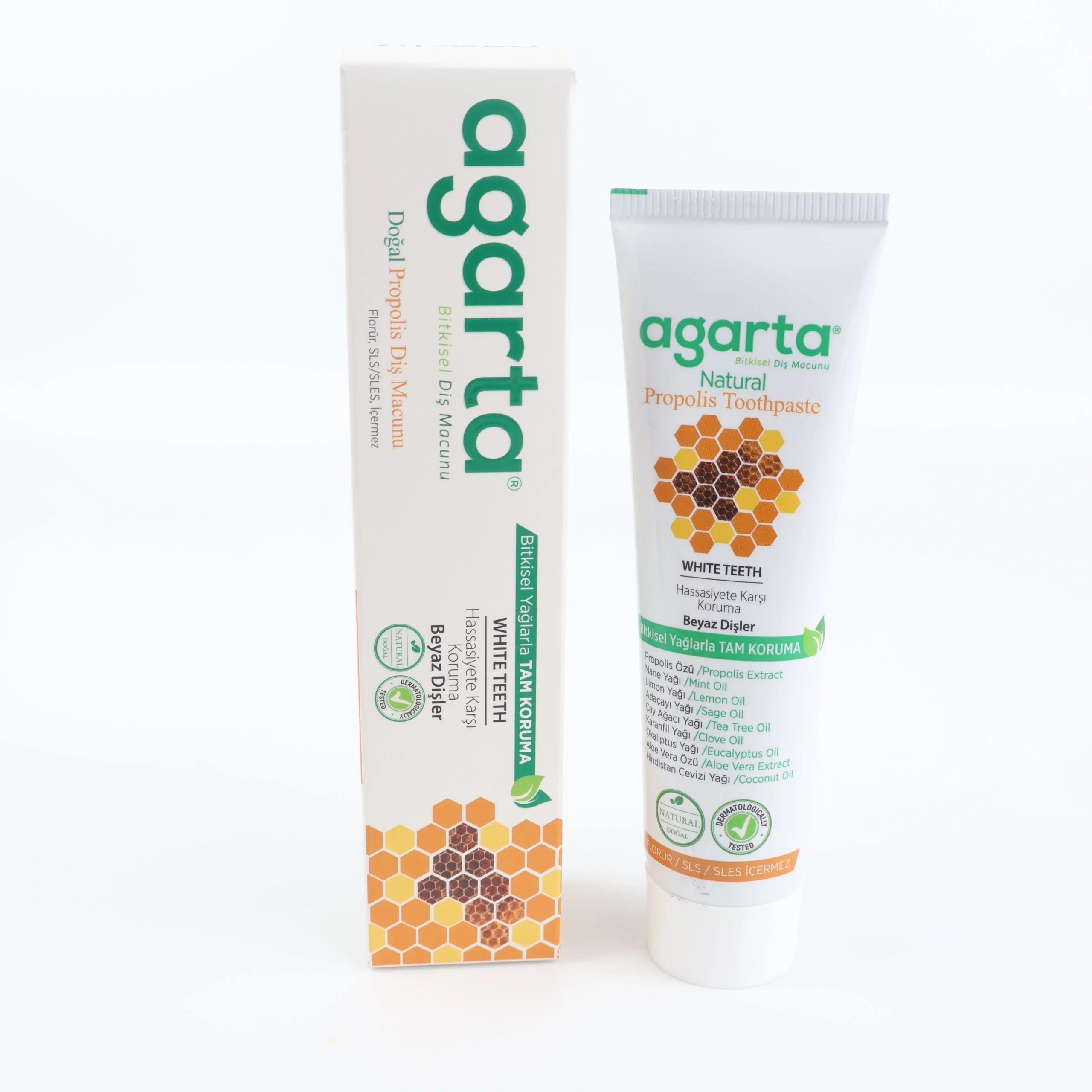 Agarta Doğal Propolis Diş Macunu Agarta Doğal Propolis Diş Macunu kutu ve tüp ambalaj