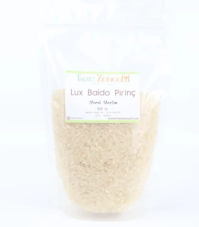 Şeffaf doypack ambalajda Lux Baldo Pirinç 500 gr